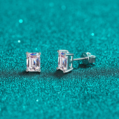 925 sterling silver stud earrings for women inlaid with rectangular chamfered moissanite exquisite earrings plated with pt950 gold manufacturer wholesale
