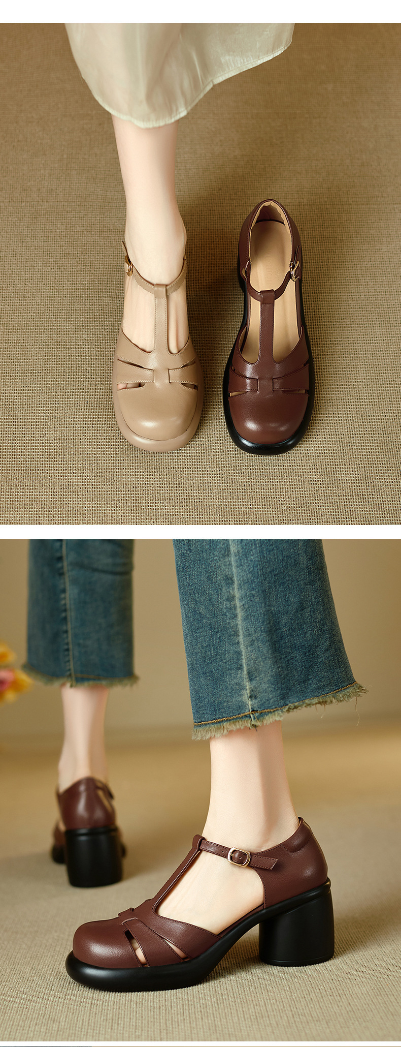 Sandal cao gót nữ mũi kín gót 7.5 cm phong cách vintage quai chữ T — màu nâu chi tiết 3