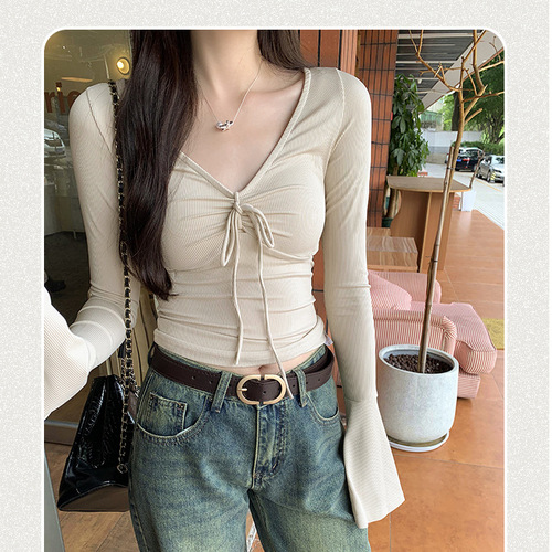 Niche cropped top with flared details, a sexy V-neck design, and sleek long sleeves—perfect for a chic, edgy, and feminine vibe.