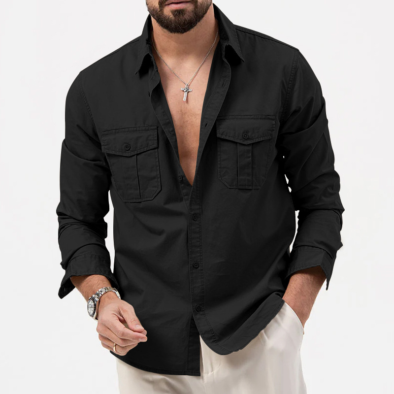 Men's Casual Long Sleeved Shirt Multi-pocket Button-down Top_voghion.com