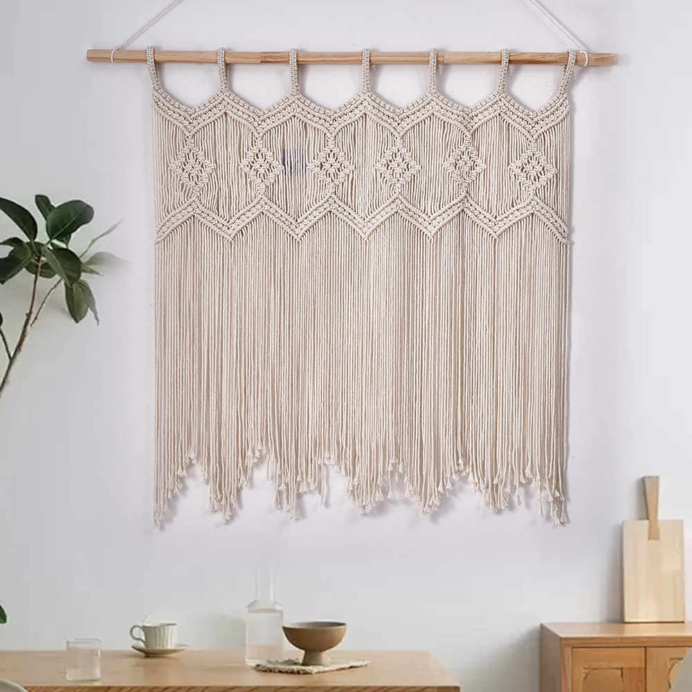ins Handgewebter Wandteppich aus Baumwollseil, sechseckige Quaste, hängender Schlafzimmer-Wanddekorations-Türvorhang_voghion.com