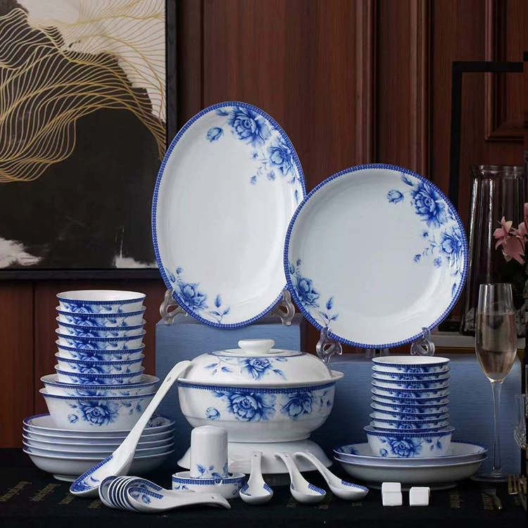 Набор столовых приборов в подарок, китайские блюда, посуда Jingdezhen Gaobai porcelain 56 голов Fanghua