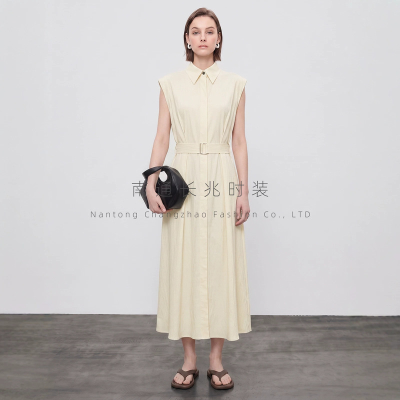 Imported high-thread-count linen-cotton blend sleeveless shirt dress for women with a turn-down collar, metal buckle belt, and waist-cinching design for commuting Imported high-thread-count linen-cotton blend sleeveless shirt dress for women with a turn-down collar, metal buckle belt, and waist-cinching design for commuting