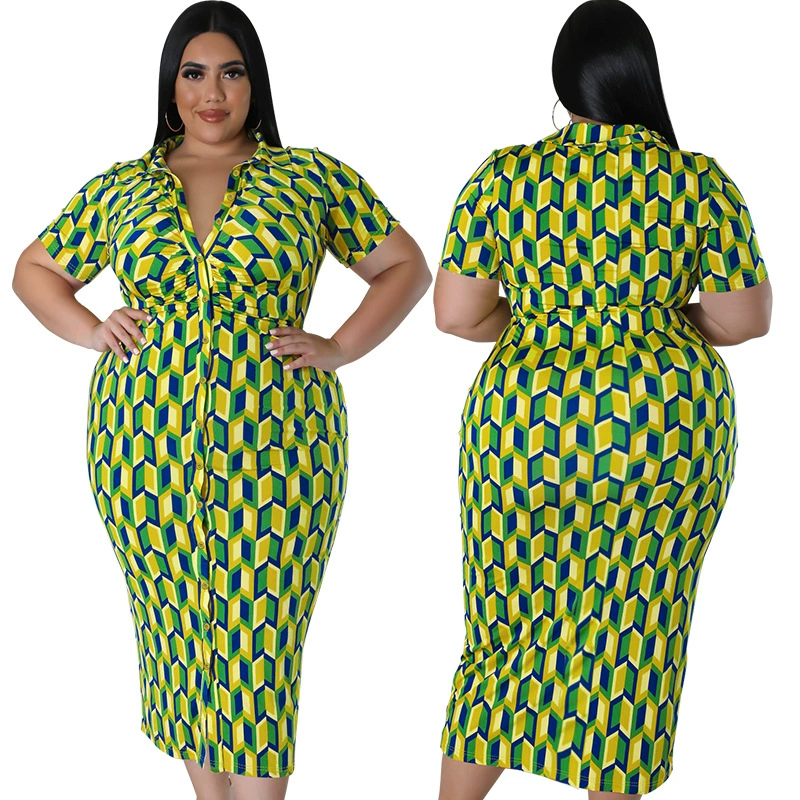 218389 Трансграничный женский кардиган больших размеров на пуговицах с лацканами в клетку с короткими рукавами, длинное платье, прямая продажа с фабрики