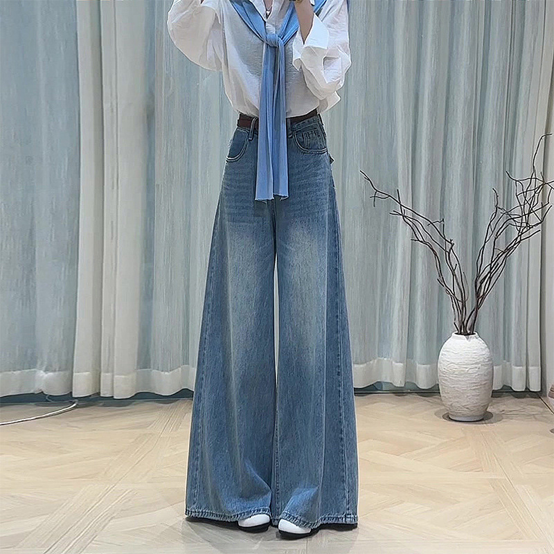 Blue High-Waisted Tencel Wide-Leg Jeans for Women, New Spring/Summer Style, Flattering for Petite Pear-Shaped Figures, Floor-Length Straight Pants