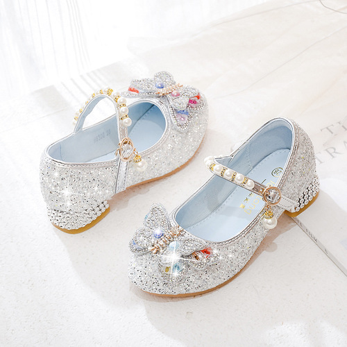 Children's princess shoes, high-heeled shoes, kids' single shoes, butterfly crystal shoes, baby leather shoes, autumn ballet shoes, little princess