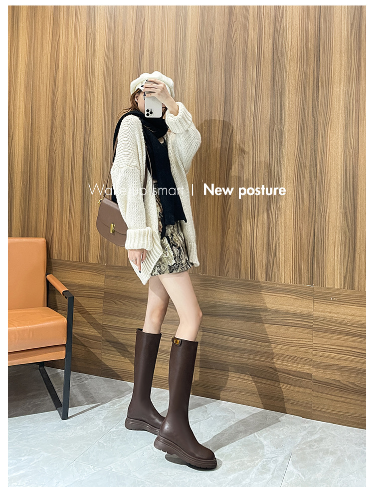 150 short stature with less than knee height, women's new round headed brown plush knight boots for autumn and winter_voghion.com