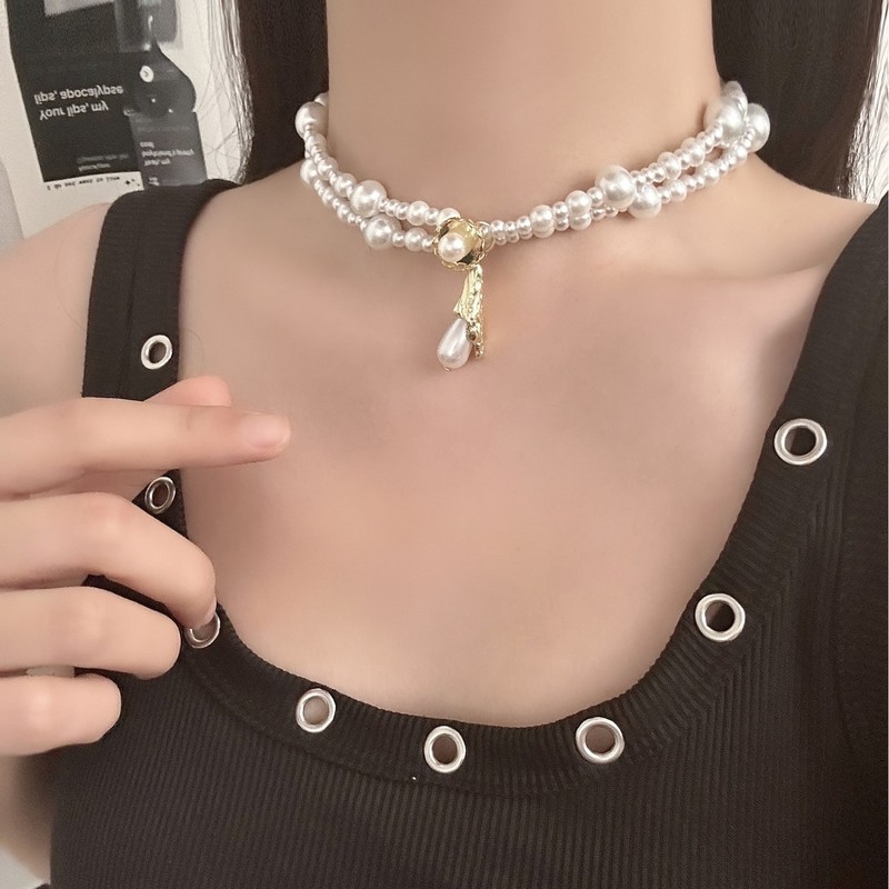 法式复古巴洛克金片微镶珍珠装饰项链女气质水滴吊坠choker锁骨链|undefined