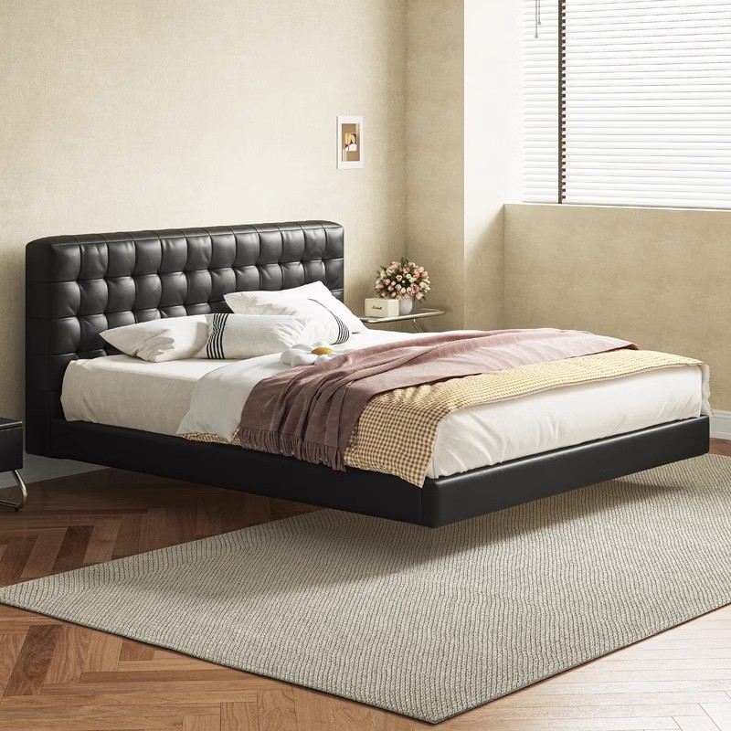 Cama flotante japonesa nórdica Cama de madera maciza con cama doble Cama principal simple 1.8m Cama de matrimonio Cama de contraposal suave Cama de viento crema