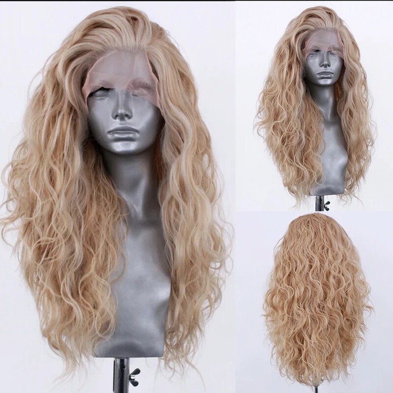Long Wavy Blonde Synthetic Lace Front Wig, Fashionable Style Lace Wig for Women, Heat-Resistant Fiber Wig Long Wavy Blonde Synthetic Lace Front Wig, Fashionable Style Lace Wig for Women, Heat-Resistant Fiber Wig