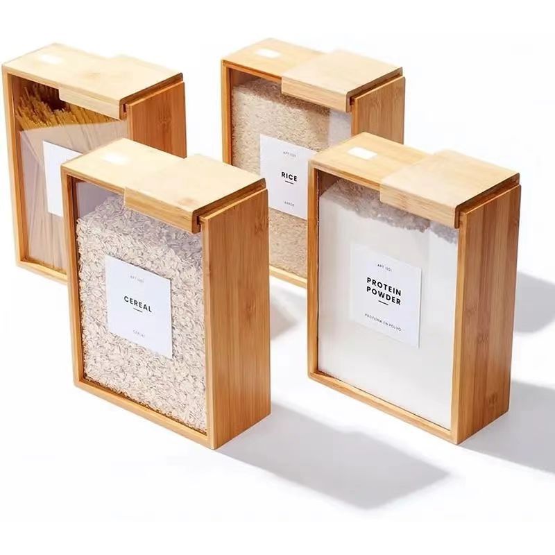 Caja de almacenamiento de alimentos al contado Cocina de madera Avena Cubo de almacenamiento de granos integrales Dispensador de granos de madera de bambú
