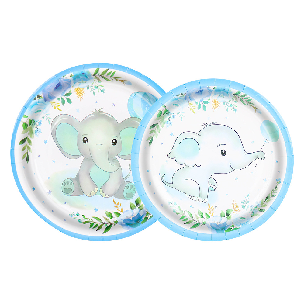 Elefante azul nuevo tema azul juego de cubiertos de fiesta para bebés decoración bandeja de papel desechable tazas de papel