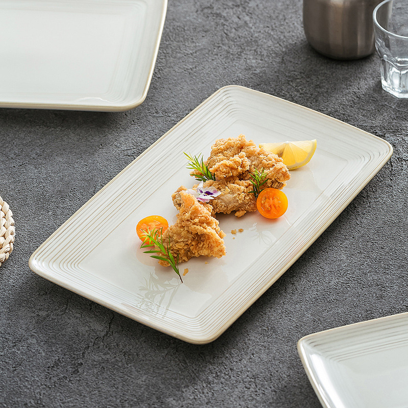 Japanese-Style Minimalist Line-Pattern Underglaze Ceramic Plate, New Rectangular Dinner Plate, Exquisite Household Dishware, Wholesale