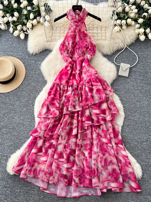 Resort-Style Halter Neck Smudged Unique Personality Dress for Women, Summer Sleeveless Ruffled Tiered Dress, Slimming Long Dress Resort-Style Halter Neck Smudged Unique Personality Dress for Women, Summer Sleeveless Ruffled Tiered Dress, Slimming Long Dress