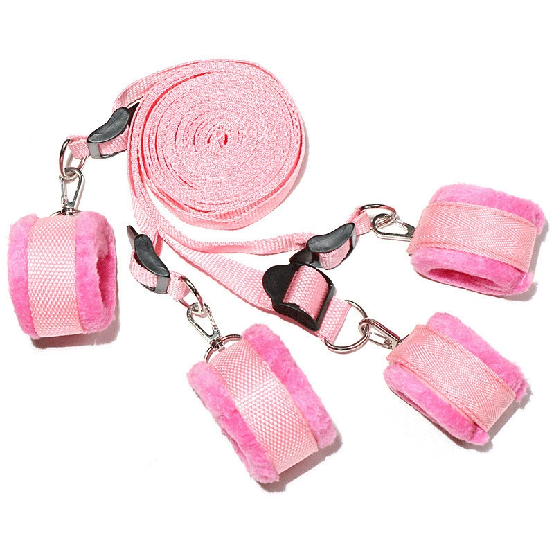 Bed Bondage Straps Set, Adjustable Plush Cuffs with Long Restraint Strap, 4-piece