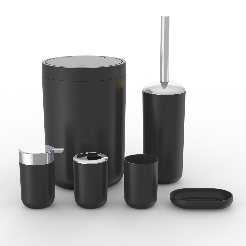 Plástico de color sólido plateado seis piezas conjunto de cepillo de dientes caja de jabón cepillo de inodoro almacenamiento baño conjunto de lavado