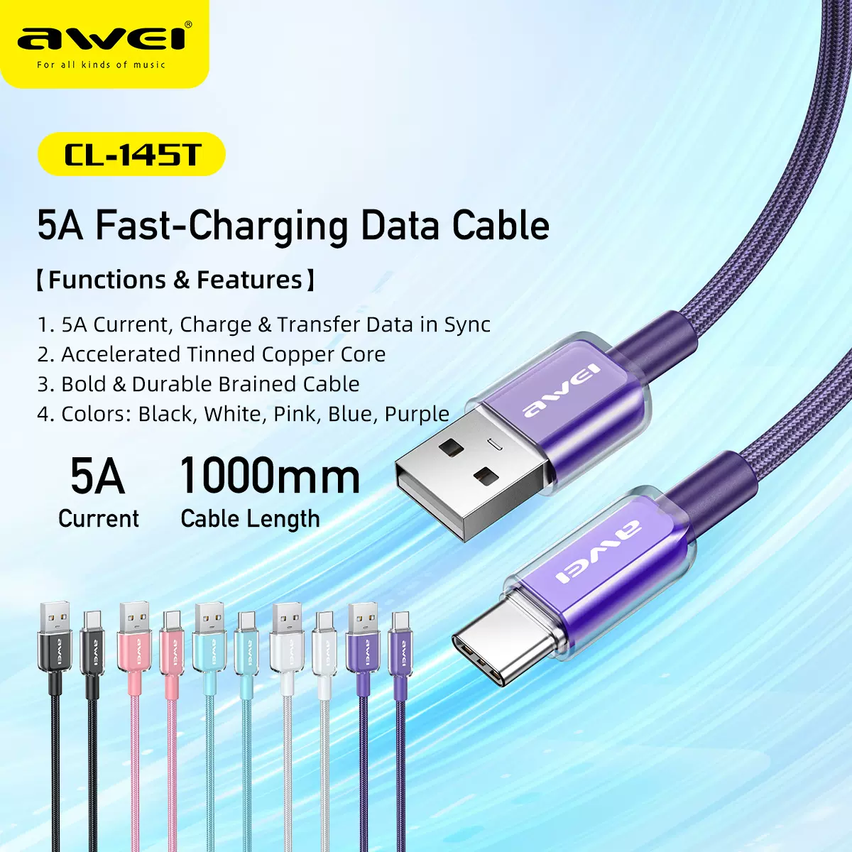 AWEI新款彩色数据线锡镀铜芯快速提速适用苹果充电线手机快充线