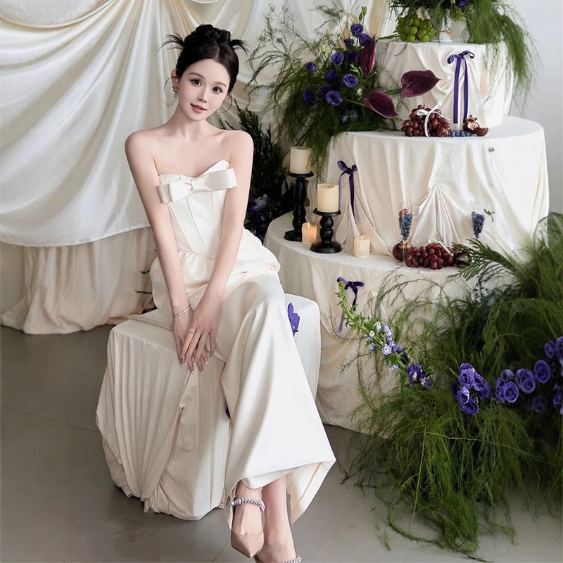 French-Style Satin-Like Strapless Bow White Light Wedding Dress 2026 New Foreign Trade Model Casual Petite Gown French-Style Satin-Like Strapless Bow White Light Wedding Dress 2026 New Foreign Trade Model Casual Petite Gown