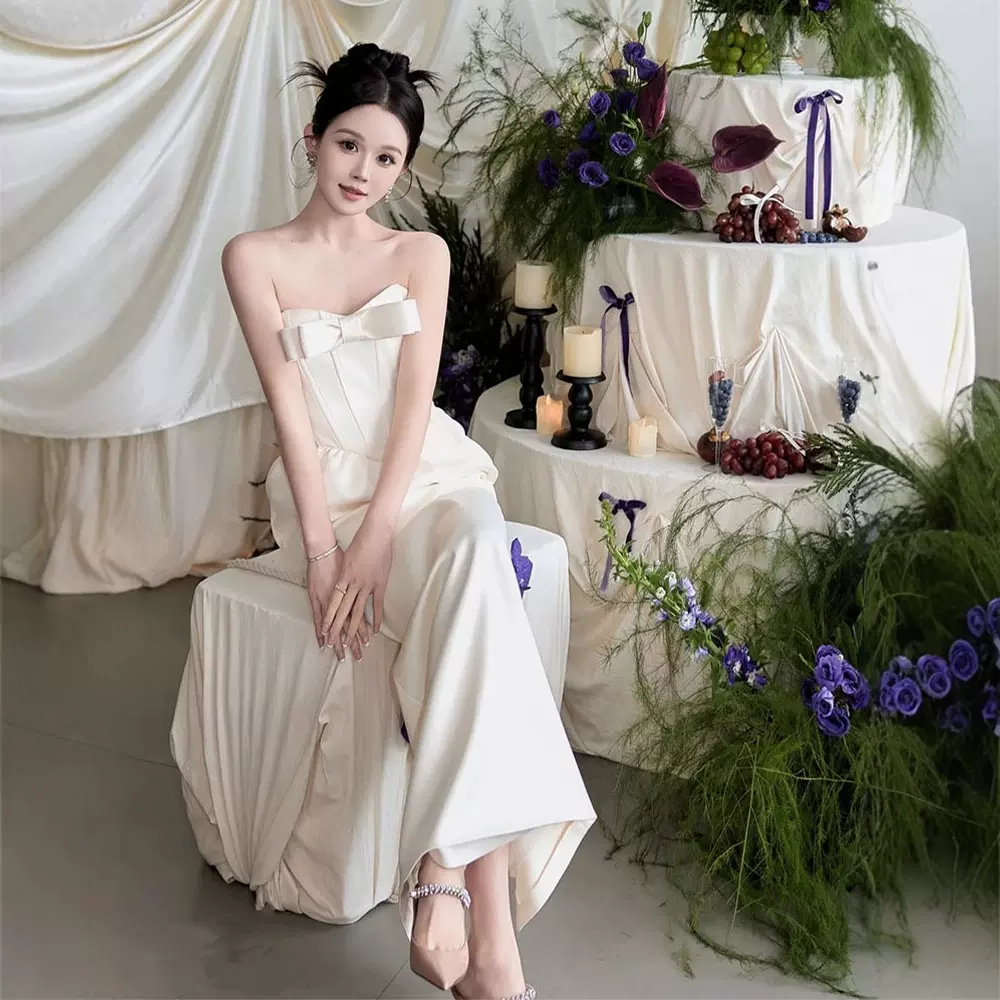 法式缎面感抹胸蝴蝶结白色轻婚纱2026外贸新款日常小个子礼服