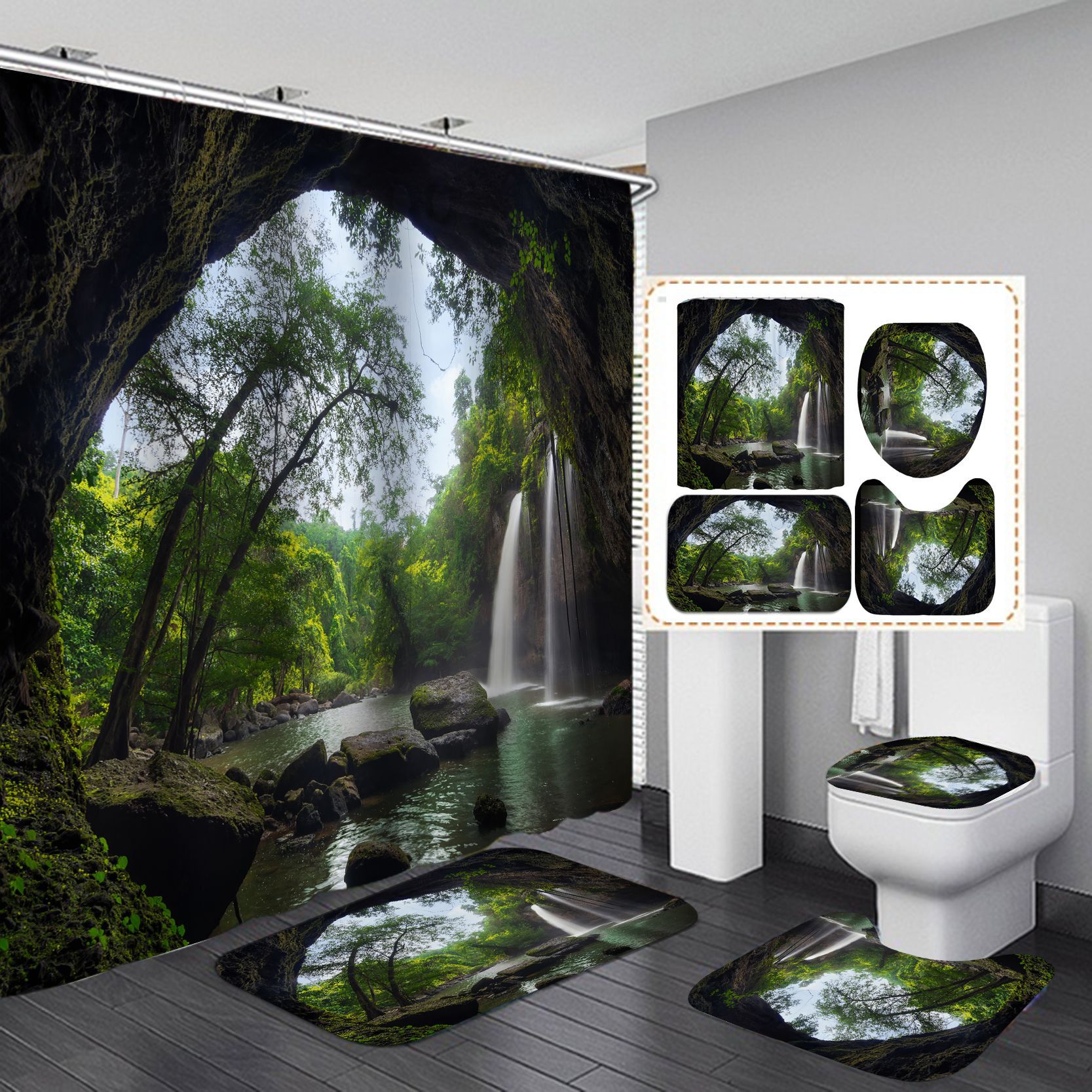 Amazon AliExpress e-commerce Venta caliente 3D Impresión digital paisaje Cortina de ducha cortina de partición de hotel de cuatro piezas conjunto de suministro directo de fábrica