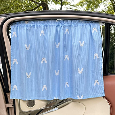 Car Sunshade Summer Baby Car curtains - cotton-curtain-blue-striped-rabbit