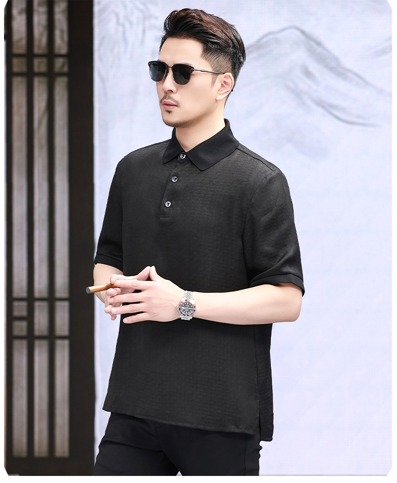 Áo polo nam tay ngắn lụa tơ tằm Xiangyunsha thoáng khí — Màu đen 2968 chi tiết 13