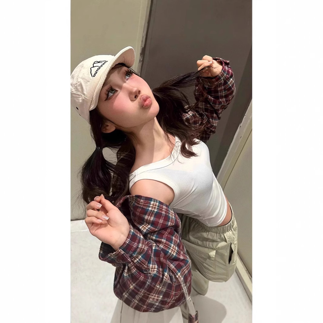 미국 격자 무늬 셔츠 여성의 가을 빨간색과 파란색 대비 폴로 칼라 캐주얼 셔츠 오버 사이즈 느슨한 태양 보호 재킷