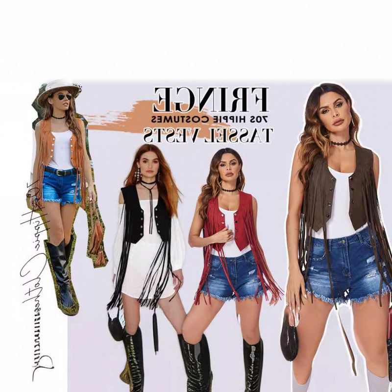 60S Trendyy Hip-Hop Retro Style Spring and Summer Casual and Comfortable Long Tassel Multi-Color Short Women's Vest