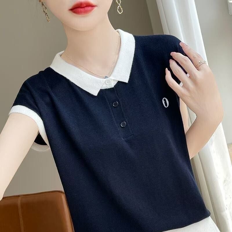 New Style Polo Shirt for Pregnant Women, Short-Sleeved, Loose-Fitting, Thin T-Shirt with Contrasting Color Stitching and Letter Embroidery New Style Polo Shirt for Pregnant Women, Short-Sleeved, Loose-Fitting, Thin T-Shirt with Contrasting Color Stitching and Letter Embroidery