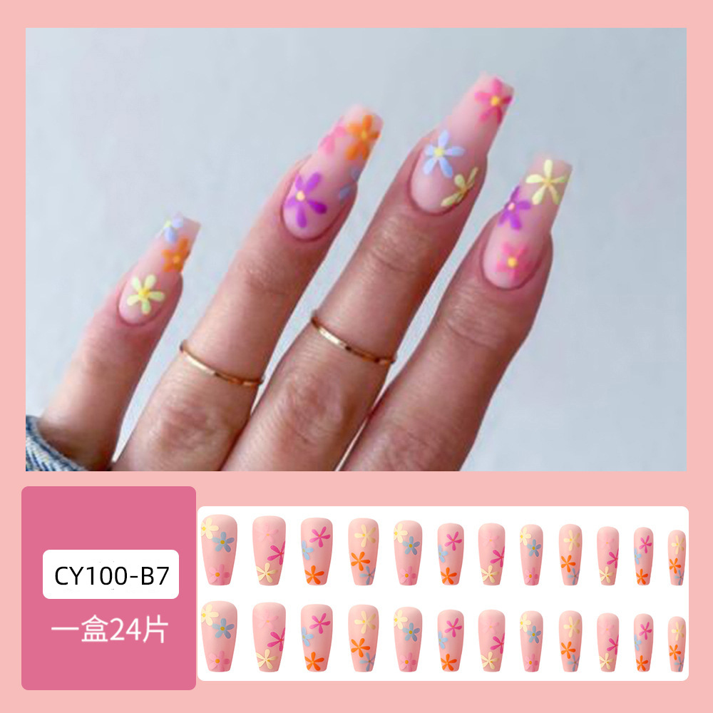 Flores de color de verano, uñas suaves, 24 piezas de dopamina mate blanqueador de uñas falsas transfronterizas, suministro directo image 7