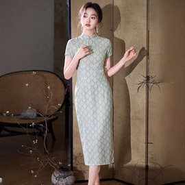 流光曲仙气淡雅绿色改良旗袍女孩格子设计清新夏季时尚连衣裙显瘦