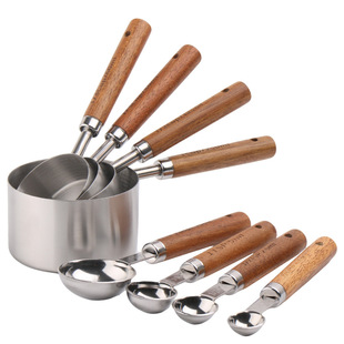 Stainless Steel Measuring Cup, Gold-Plated Measuring Spoon, Acacia Wood Handle, Measuring Spoon, Measuring Tool, Eight-Piece Set of Kitchen Baking Tools