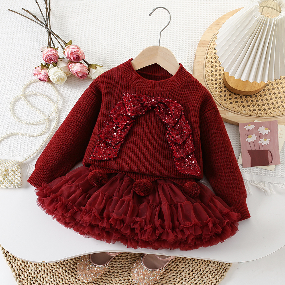 Children's red rainbow sweater with bow