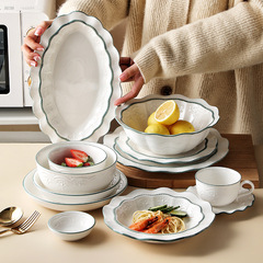 碗陶瓷餐具家用飯碗湯碗盤子批發北歐風浮雕碗碟套裝花邊碗盤組合