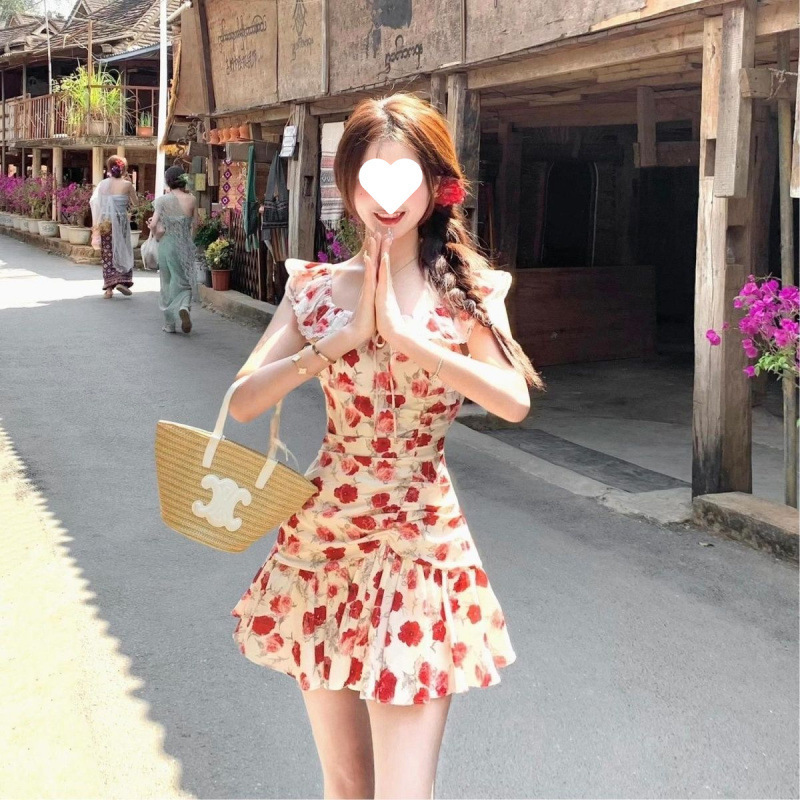 フレンチレトロ花柄ドレス女性のための 2025 夏の新しいスタイル小柄な気質ウエスト小さなフライングスリーブショートスカート|undefined