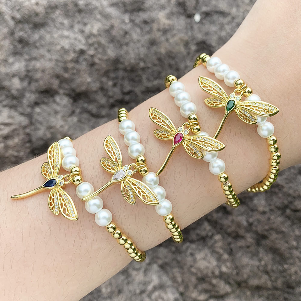 Fashion Dragonfly Copper Bracelets Plating Artificial Pearls Copper Bracelets