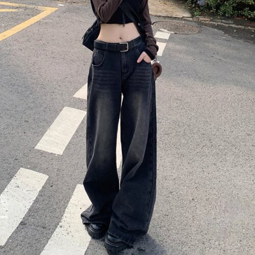 South East Asia Cross-border Bestselling Wide Leg Denim Pants for Women, Autumn High-Waist Loose Hiding Fat Slimming Straight Leg Hemming Ground-Long Pants