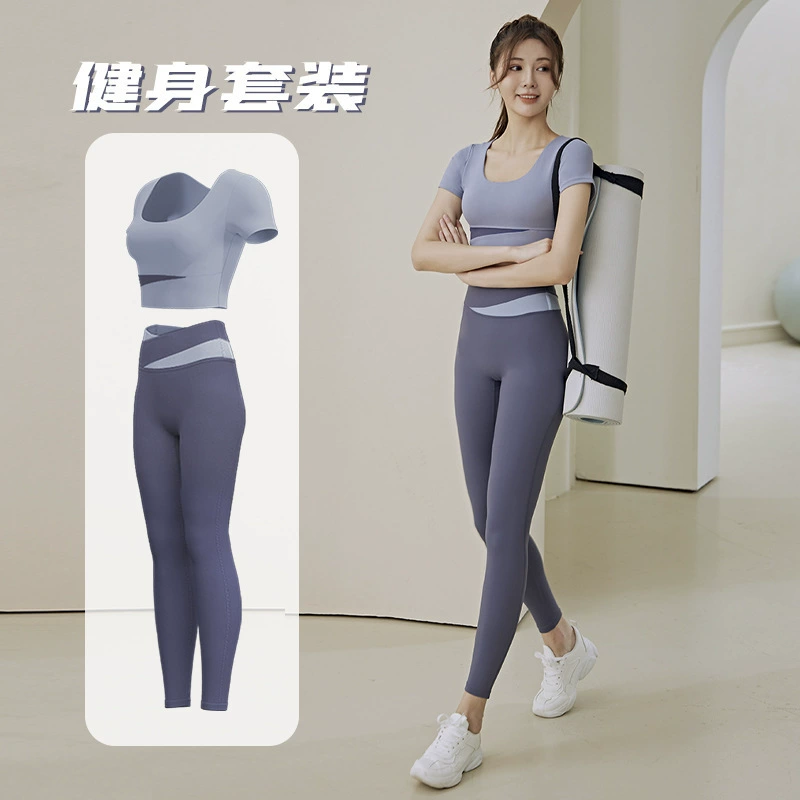  Summer sports breast pads, leggings, trousers for gym, set, with short sleeve, beautiful back