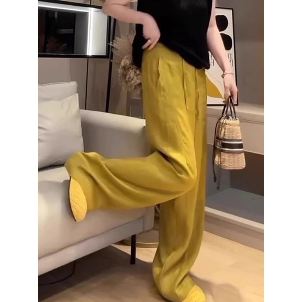 Quần ống rộng vải lanh trắng nữ dáng suông rộng rãi chất liệu lụa băng nhẹ — Màu trắng mẫu dài