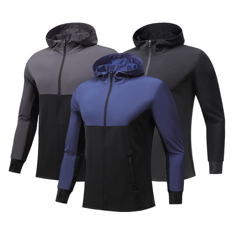 Autumn and winter outdoor fleece-lined sports jacket men's stitching windproof warm cycling sweater hooded fitness sportswear