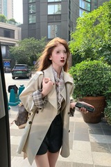 厂家直销双排扣风衣外套女2025秋季新款拼接格纹设计感中长款大衣