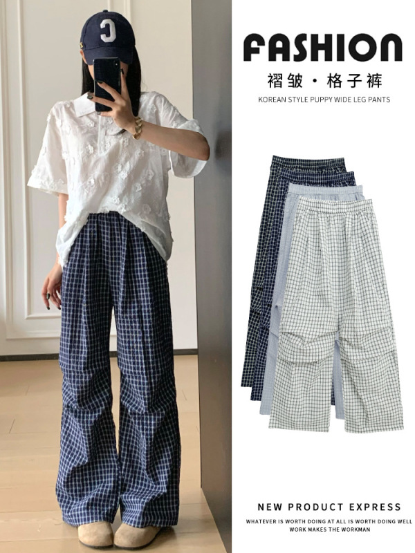 女性用レトロプリーツチェック柄パンツ、夏用薄手、ゆったりとしたカジュアルなフロアレングスパンツ、ゆったりとしたストレートレッグワイドレッグパンツ|undefined