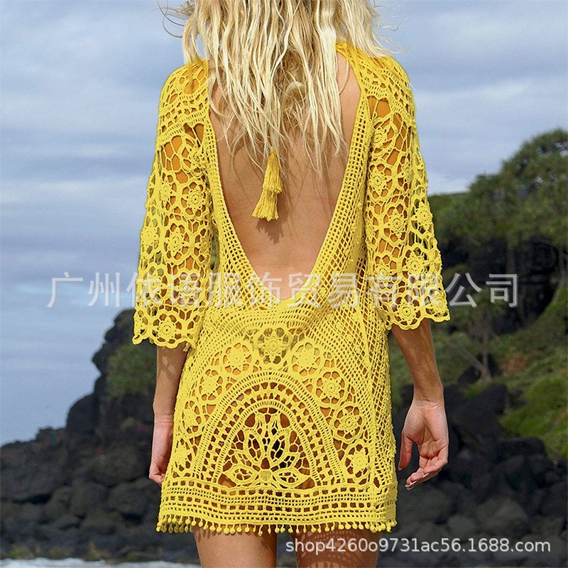 Playa blusa europea y americana encaje falda 2022backless sexy hueco ganchillo blusa bikini (6 colores)