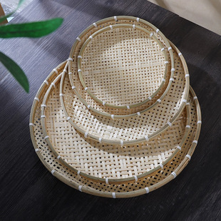 Farmhouse Handmade Bamboo Woven Sieve with Holes, Dustpan, Rice Sieve, Household Coarse and Fine Hole Drying Decorative Round Bamboo Plaque Products