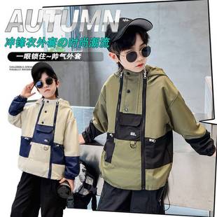 Boys' Outwears, Autum Kidsren's Windproof Hooded Jackets, Double Zippers, Multi-Pocket Fashionable Casual Kidsren's Clothing Tops