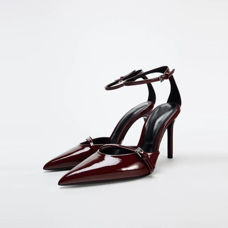 Za2025 Pointed-Toe Women's Shoes, Burgundy Patent Leather, Shallow Mouth, Stiletto Heel, Ankle Strap, High-Heeled Sandals, Women's Ultra-High Heels