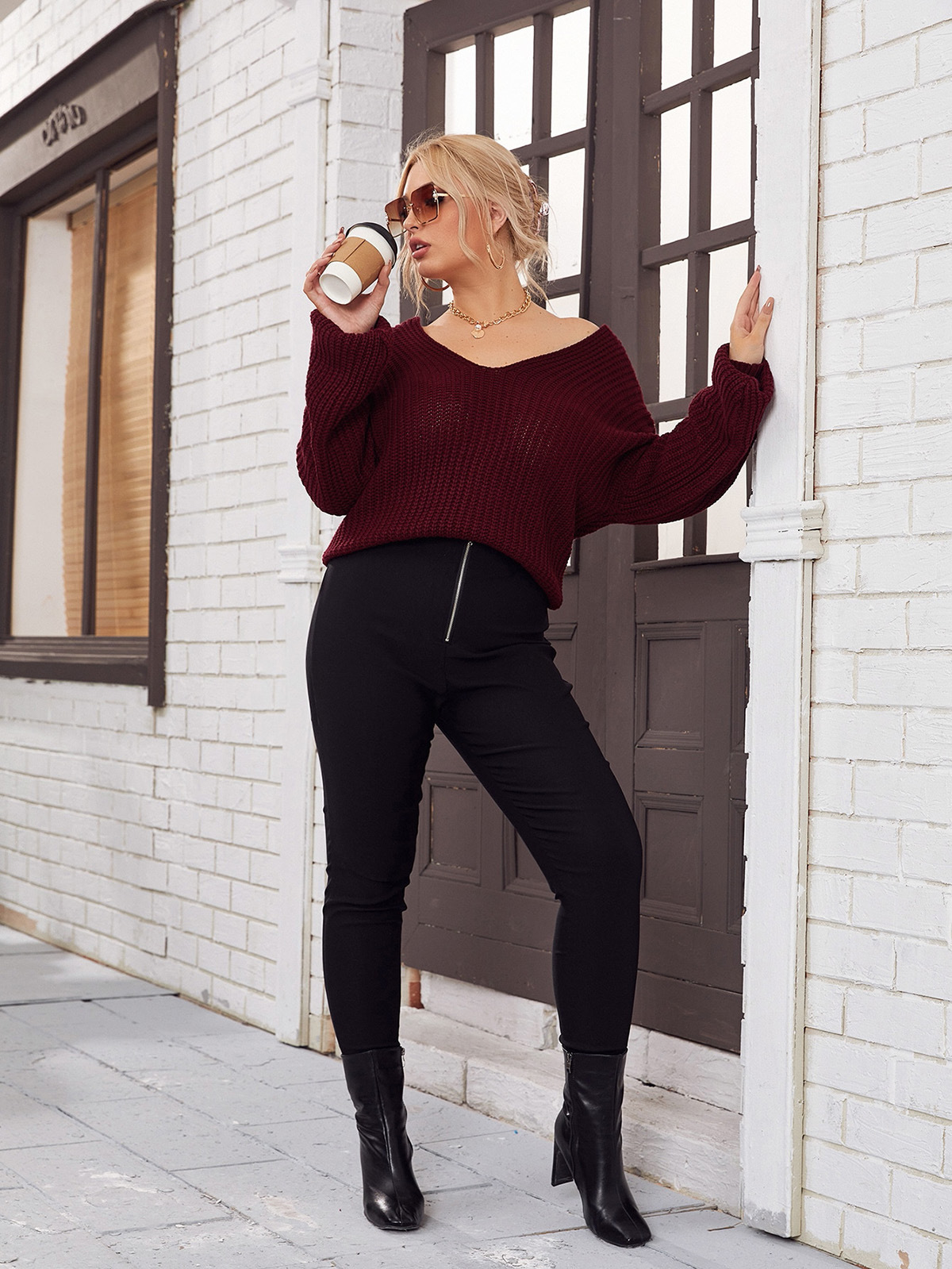 product - wholesale Plus Size Real Shot Women Clothing Autumn Winter V neck Knitted Sweater for Women - 7