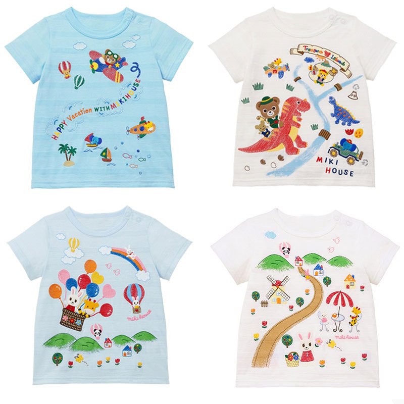 miki children's clothing Japanese summer cartoon dinosaur bear rabbit amusement park short-sleeved T-shirt tops for boys and girls on behalf of