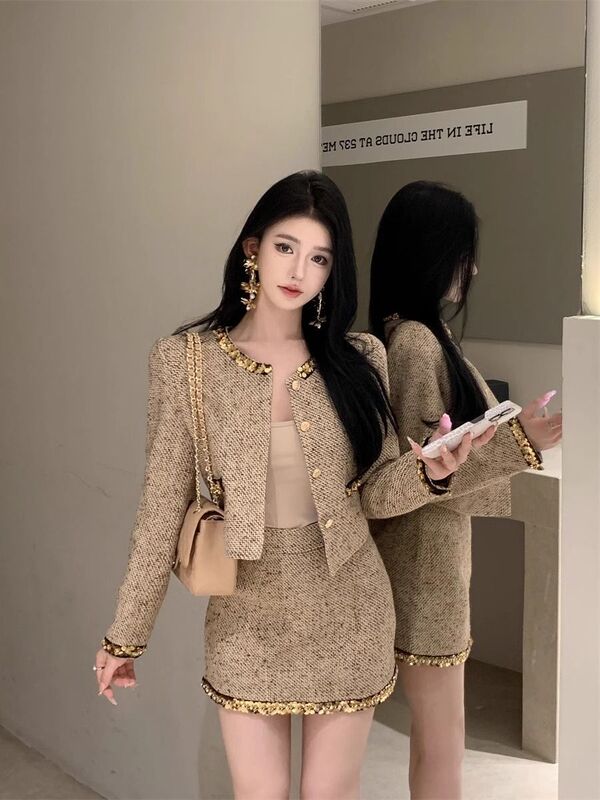 法式小香风套装粗花呢亮片长袖短外套女秋冬穿搭包臀半身裙两件套|undefined