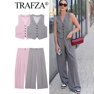 TRAFZA AliExpress осень дикий модный новый жилетный жилет двойные плиссированные брюки трансграничная женская одежда Amazon